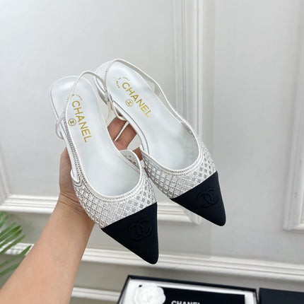 CHANEL 26S FLAT POINTED TOE SLINGBACK IN WHITE MESH WITH BLACK TOE CAP