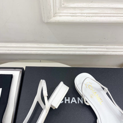 CHANEL 26S FLAT POINTED TOE SLINGBACK IN WHITE MESH WITH BLACK TOE CAP