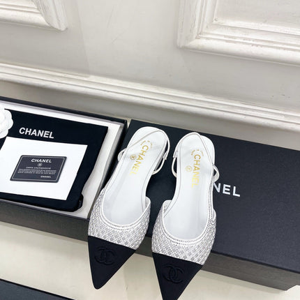 CHANEL 26S FLAT POINTED TOE SLINGBACK IN WHITE MESH WITH BLACK TOE CAP