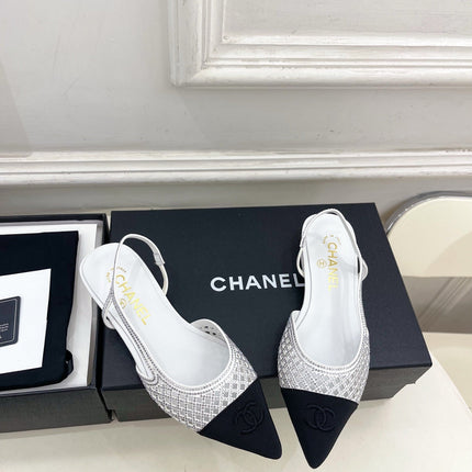 CHANEL 26S FLAT POINTED TOE SLINGBACK IN WHITE MESH WITH BLACK TOE CAP
