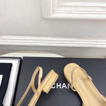 CHANEL 26S FLAT POINTED TOE SLINGBACK IN BEIGE MESH WITH BLACK TOE CAP