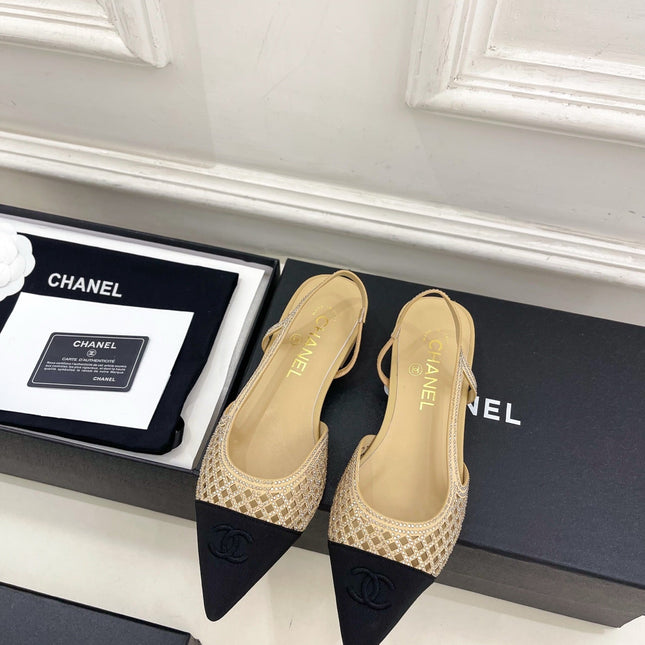 CHANEL 26S FLAT POINTED TOE SLINGBACK IN BEIGE MESH WITH BLACK TOE CAP