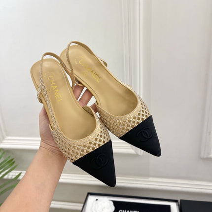 CHANEL 26S FLAT POINTED TOE SLINGBACK IN BEIGE MESH WITH BLACK TOE CAP