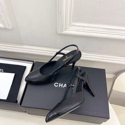 CHANEL 26S POINTED TOE SLINGBACK PUMPS 90 MM IN BLACK LAMBSKIN