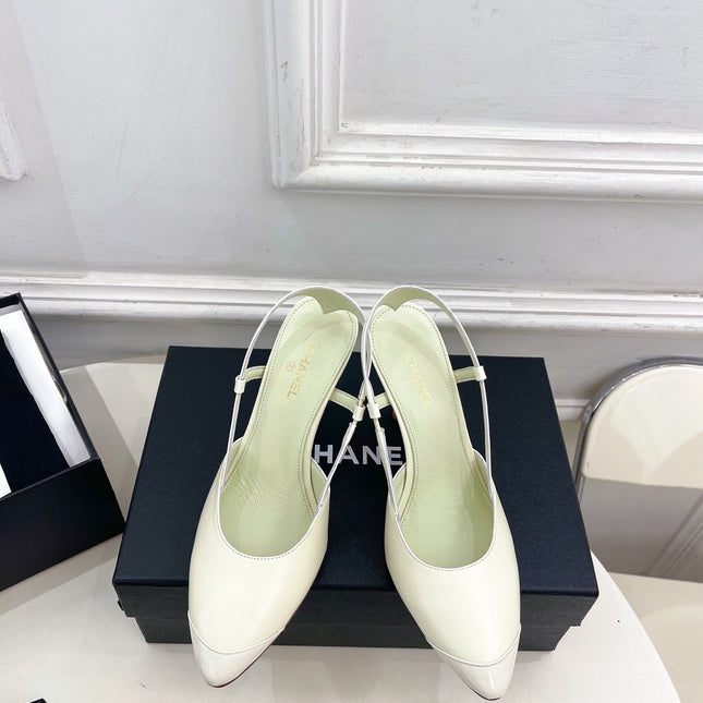 CHANEL 26S POINTED TOE SLINGBACK PUMPS 90 MM IN WHITE LAMBSKIN