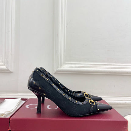 GUCCI 26S HIGH HEELS 75 MM IN BLACK CANVAS GG LOGO PATTERN