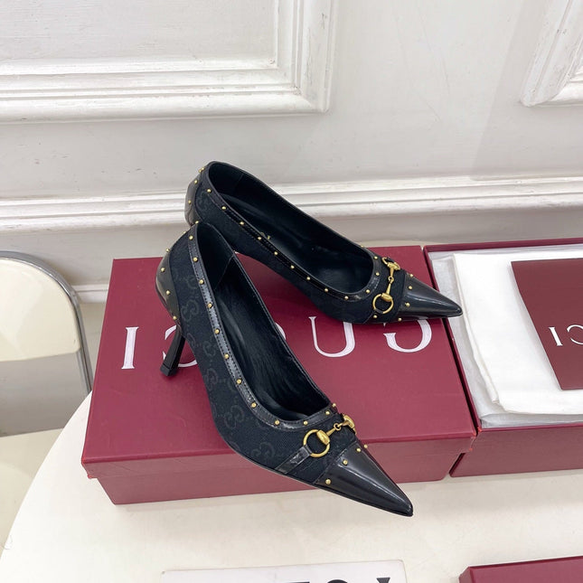 GUCCI 26S HIGH HEELS 75 MM IN BLACK CANVAS GG LOGO PATTERN
