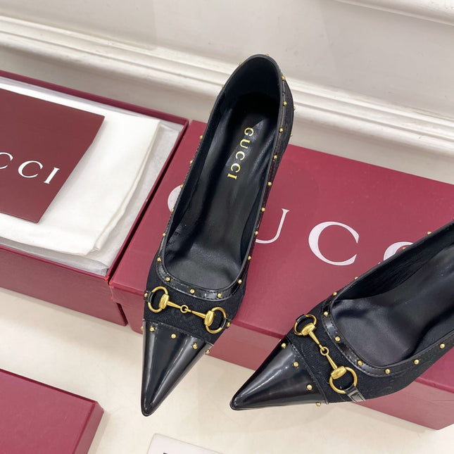 GUCCI 26S HIGH HEELS 75 MM IN BLACK CANVAS GG LOGO PATTERN