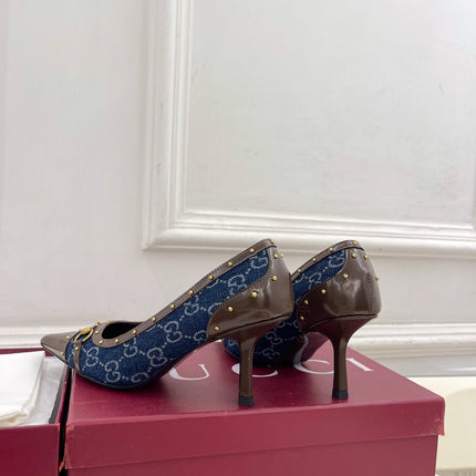 GUCCI 26S HIGH HEELS 75 MM IN BLUE DENIM GG LOGO PATTERN