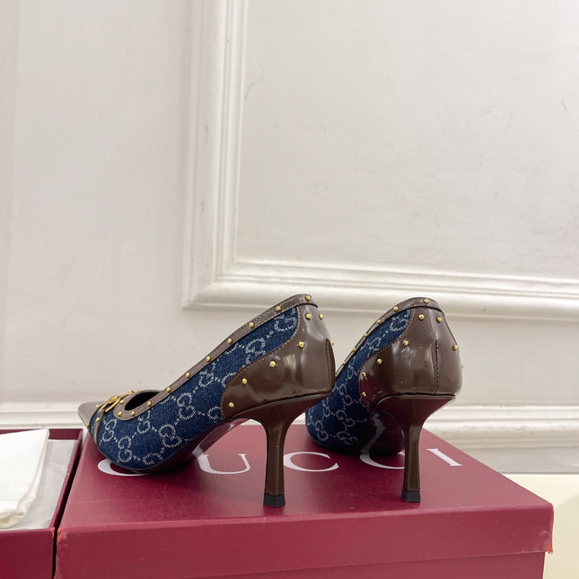 GUCCI 26S HIGH HEELS 75 MM IN BLUE DENIM GG LOGO PATTERN