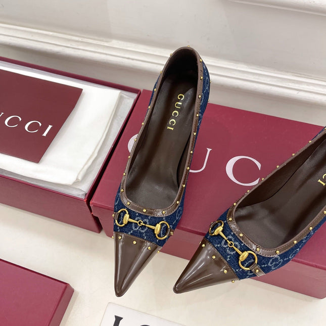 GUCCI 26S HIGH HEELS 75 MM IN BLUE DENIM GG LOGO PATTERN