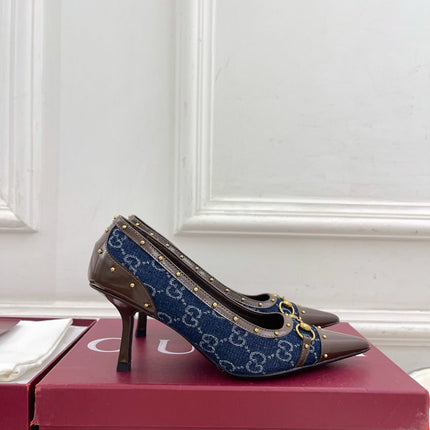 GUCCI 26S HIGH HEELS 75 MM IN BLUE DENIM GG LOGO PATTERN