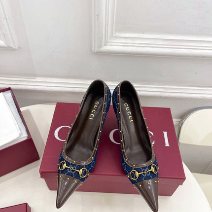 GUCCI 26S HIGH HEELS 75 MM IN BLUE DENIM GG LOGO PATTERN