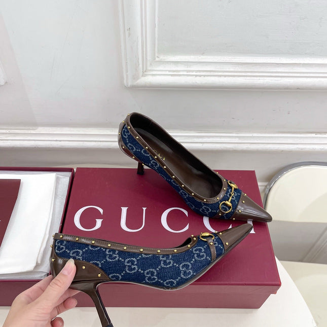 GUCCI 26S HIGH HEELS 75 MM IN BLUE DENIM GG LOGO PATTERN
