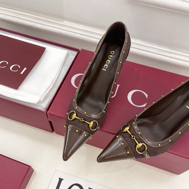 GUCCI 26S HIGH HEELS 75 MM IN DARK BROWN CANVAS GG LOGO PATTERN