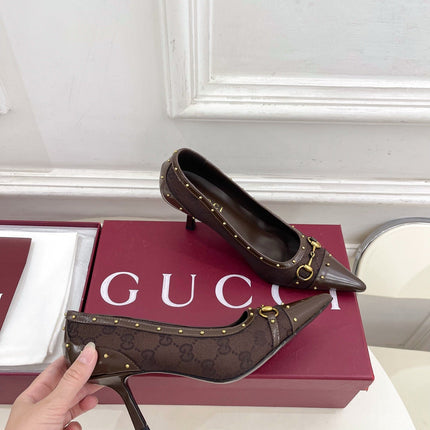 GUCCI 26S HIGH HEELS 75 MM IN DARK BROWN CANVAS GG LOGO PATTERN