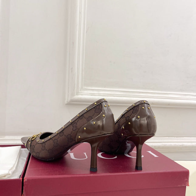 GUCCI 26S HIGH HEELS 75 MM IN DARK BROWN CANVAS GG LOGO PATTERN
