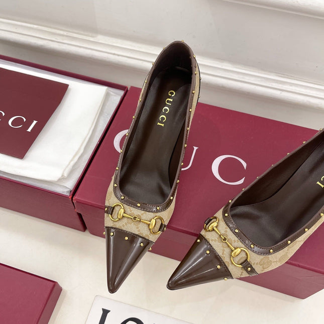 GUCCI 26S HIGH HEELS 75 MM IN BEIGE CANVAS GG LOGO PATTERN