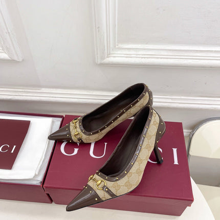 GUCCI 26S HIGH HEELS 75 MM IN BEIGE CANVAS GG LOGO PATTERN