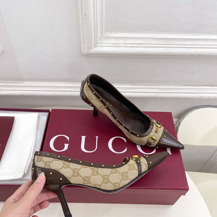 GUCCI 26S HIGH HEELS 75 MM IN BEIGE CANVAS GG LOGO PATTERN