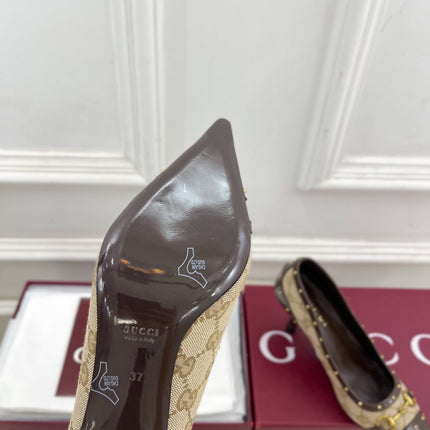 GUCCI 26S HIGH HEELS 75 MM IN BEIGE CANVAS GG LOGO PATTERN