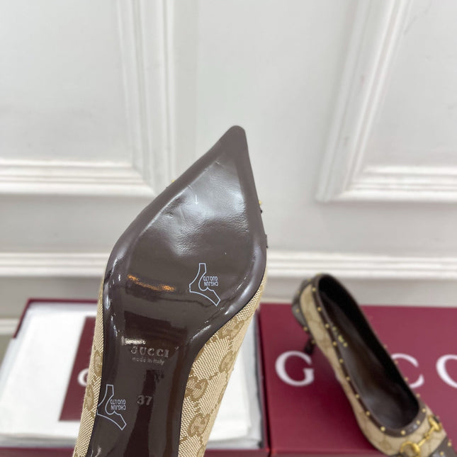 GUCCI 26S HIGH HEELS 75 MM IN BEIGE CANVAS GG LOGO PATTERN