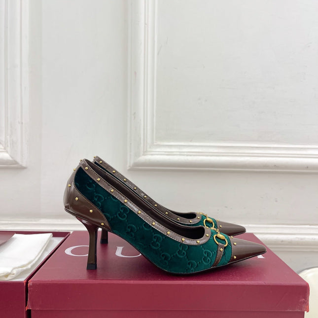 GUCCI 26S HIGH HEELS 75 MM IN DARK GREEN VELVET GG LOGO PATTERN