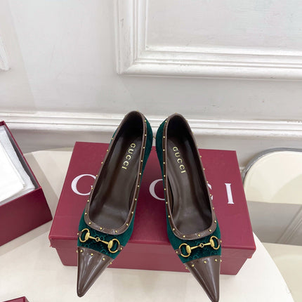 GUCCI 26S HIGH HEELS 75 MM IN DARK GREEN VELVET GG LOGO PATTERN