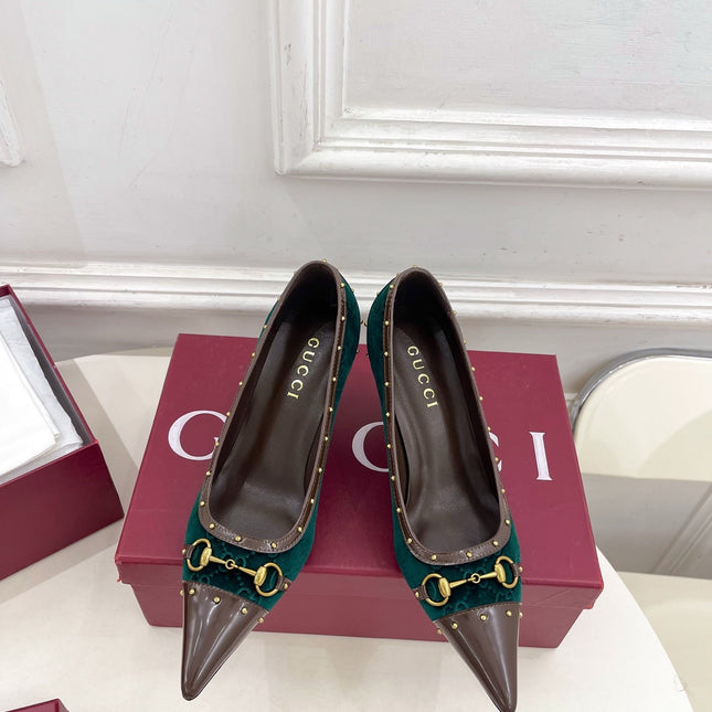 GUCCI 26S HIGH HEELS 75 MM IN DARK GREEN VELVET GG LOGO PATTERN