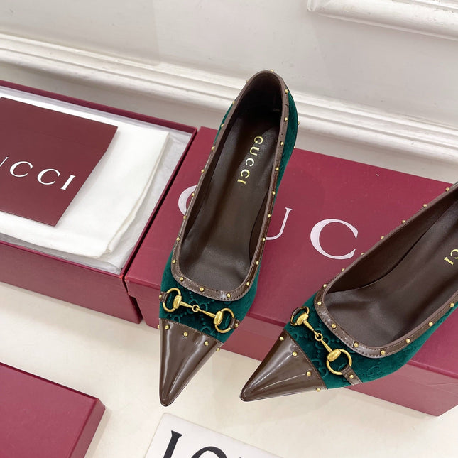 GUCCI 26S HIGH HEELS 75 MM IN DARK GREEN VELVET GG LOGO PATTERN