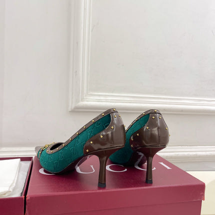 GUCCI 26S HIGH HEELS 75 MM IN DARK GREEN VELVET GG LOGO PATTERN
