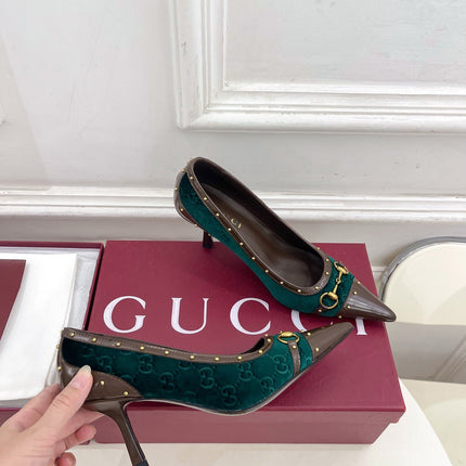 GUCCI 26S HIGH HEELS 75 MM IN DARK GREEN VELVET GG LOGO PATTERN
