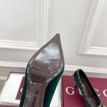 GUCCI 26S HIGH HEELS 75 MM IN DARK GREEN VELVET GG LOGO PATTERN