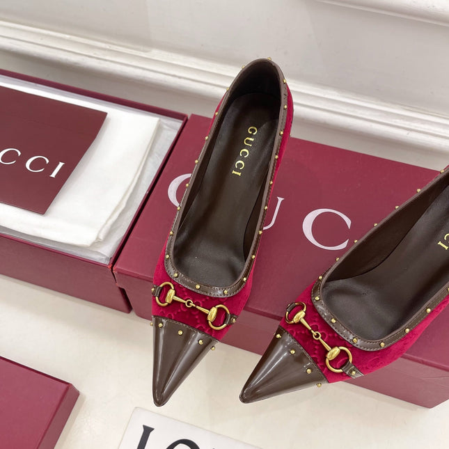 GUCCI 26S HIGH HEELS 75 MM IN DARK RED VELVET GG LOGO PATTERN
