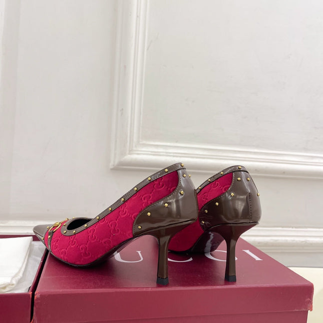 GUCCI 26S HIGH HEELS 75 MM IN DARK RED VELVET GG LOGO PATTERN