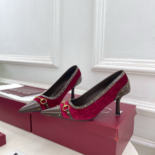 GUCCI 26S HIGH HEELS 75 MM IN DARK RED VELVET GG LOGO PATTERN
