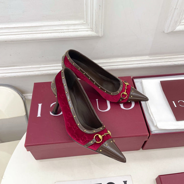 GUCCI 26S HIGH HEELS 75 MM IN DARK RED VELVET GG LOGO PATTERN