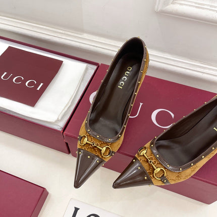 GUCCI 26S HIGH HEELS 75 MM IN CAMEL BROWN VELVET GG LOGO PATTERN