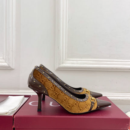 GUCCI 26S HIGH HEELS 75 MM IN CAMEL BROWN VELVET GG LOGO PATTERN