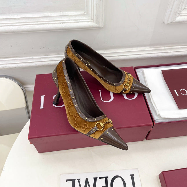 GUCCI 26S HIGH HEELS 75 MM IN CAMEL BROWN VELVET GG LOGO PATTERN