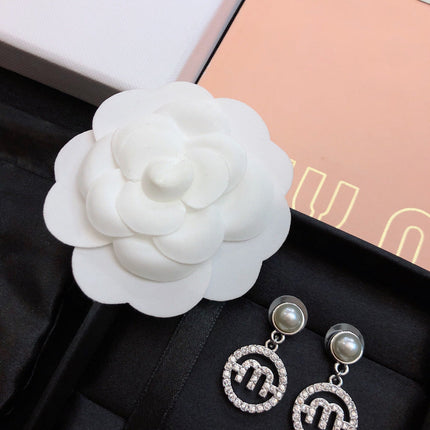 MIUMIU 26S PEARL DROP CRYSTAL LOGO CIRCLE EARRINGS IN SILVER TONE METAL 615772