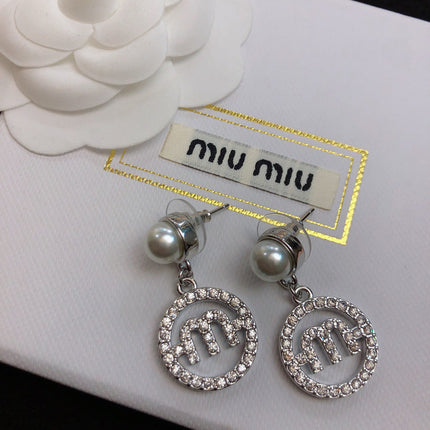 MIUMIU 26S PEARL DROP CRYSTAL LOGO CIRCLE EARRINGS IN SILVER TONE METAL 615772