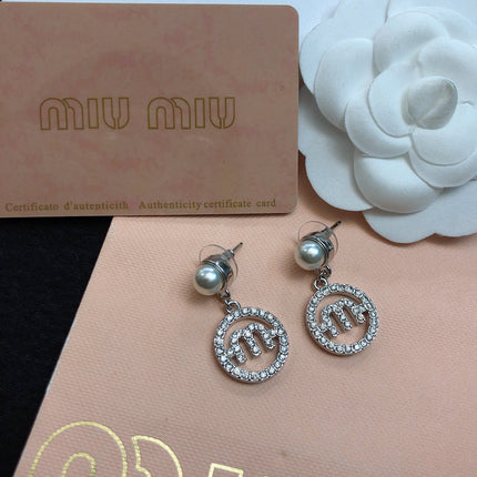 MIUMIU 26S PEARL DROP CRYSTAL LOGO CIRCLE EARRINGS IN SILVER TONE METAL 615772