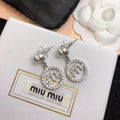 MIUMIU 26S PEARL DROP CRYSTAL LOGO CIRCLE EARRINGS IN SILVER TONE METAL 615772