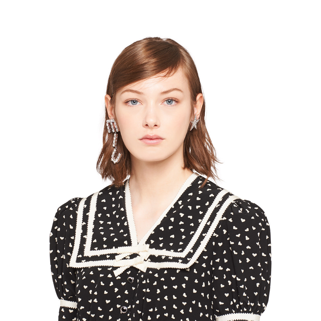 MIUMIU 26S CRYSTAL LOGO DROP EARRING AND STAR STUD EARRING SET IN SILVER TONE METAL 630843
