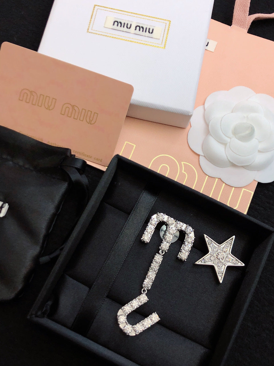 MIUMIU 26S CRYSTAL LOGO DROP EARRING AND STAR STUD EARRING SET IN SILVER TONE METAL 630843