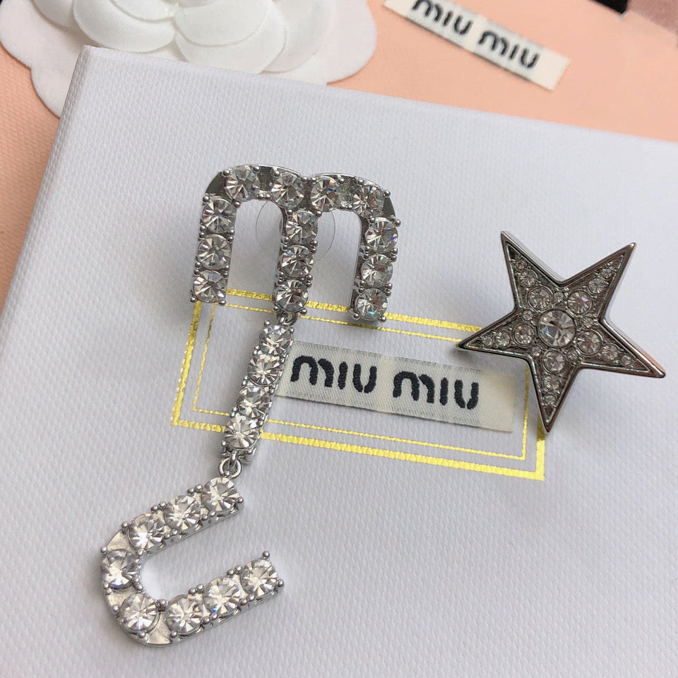 MIUMIU 26S CRYSTAL LOGO DROP EARRING AND STAR STUD EARRING SET IN SILVER TONE METAL 630843