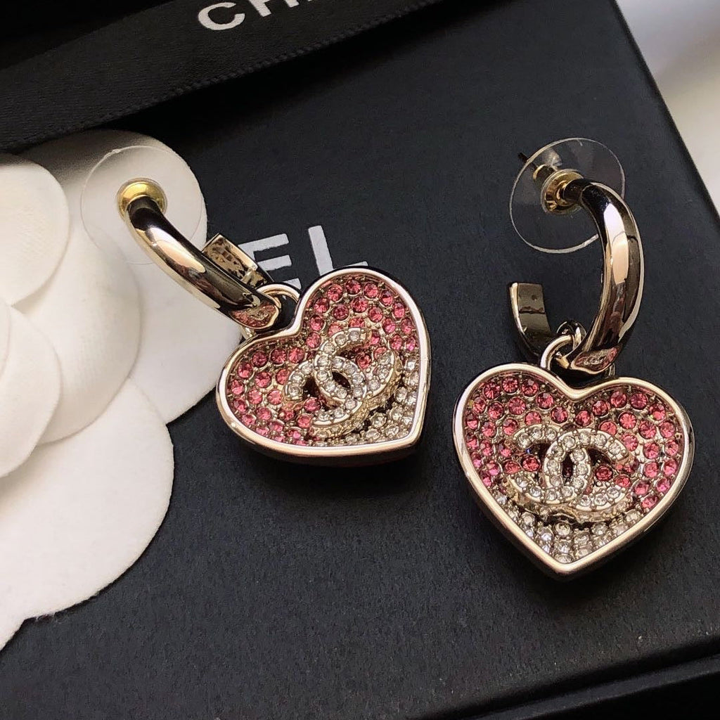CHANEL 26S DOUBLE C LOGO TWO-TONE PAVE CRYSTAL HEART DROP HOOP EARRINGS IN GOLD METAL 631080