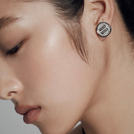 MIUMIU 26S CRYSTAL MIU LOGO ROUND STUD EARRINGS IN SILVER TONE METAL 630845