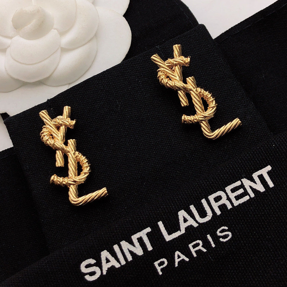 YSL 26S TWISTED ROPE LOGO STUD EARRINGS IN GOLD TONE METAL 629135